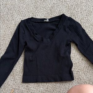 Black V-Neck Ribbed Women's Top